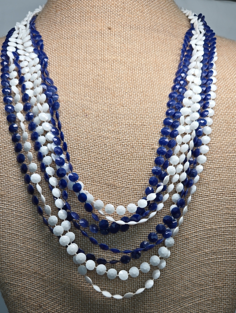Vintage Layered Navy and White Plastic Beaded Necklace